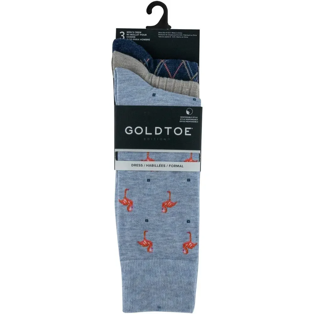 3-Pack GoldToe Edition Men's Flamingos Tan Crew Socks Assorted - Size 6-12.5